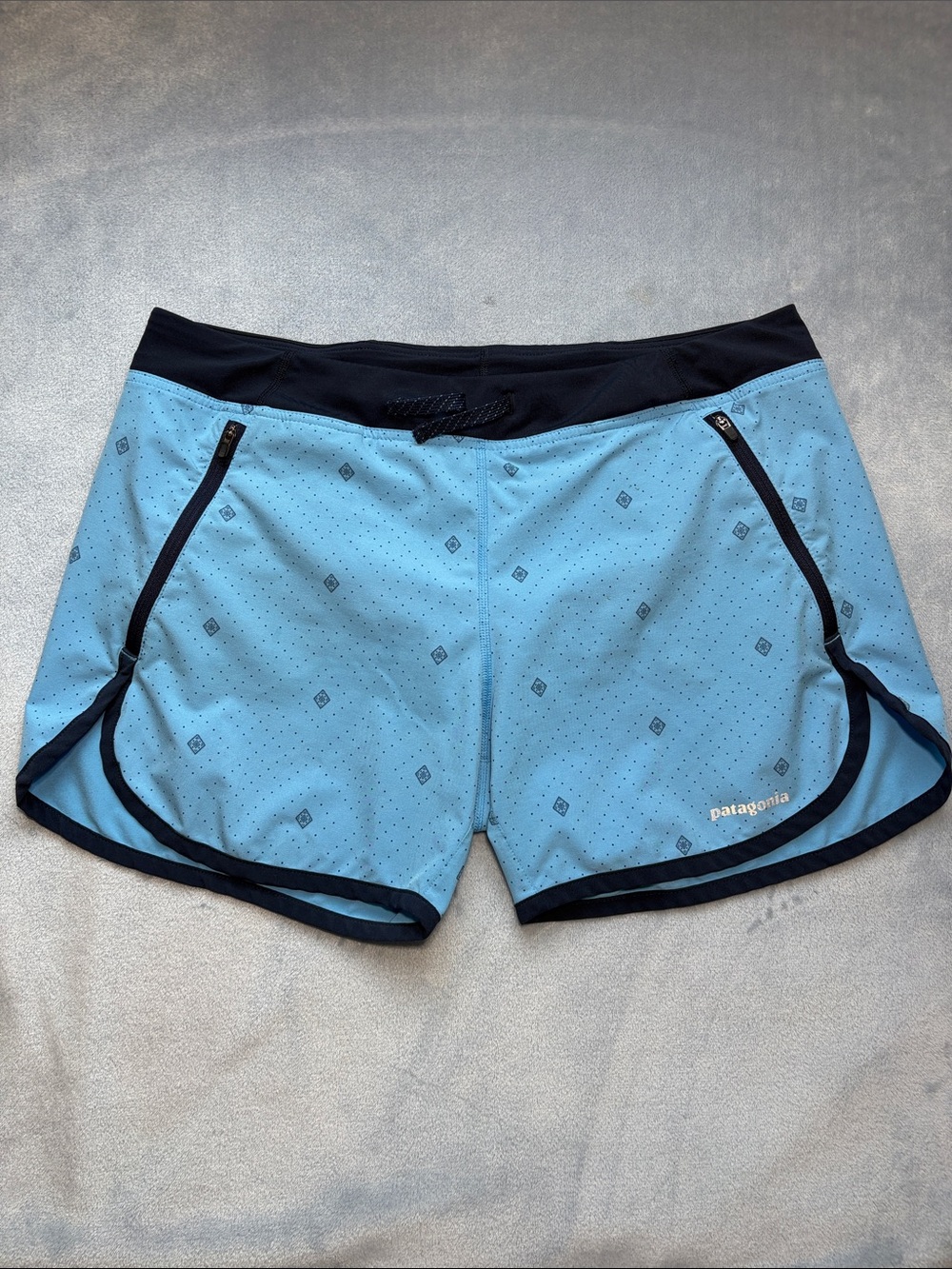 Patagonia Sky Blue Running Shorts with Navy Trim